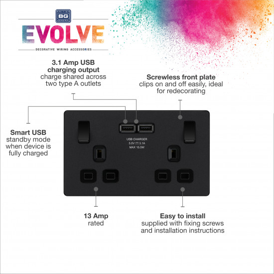 BG Evolve 2G USB Switched Socket Matt Black