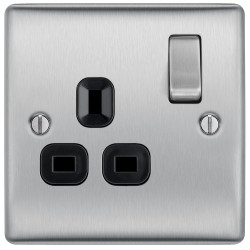 BG Nexus Brushed Steel 1G Switched Socket-Black