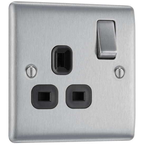 BG Nexus Brushed Steel 1G Switched Socket-Black