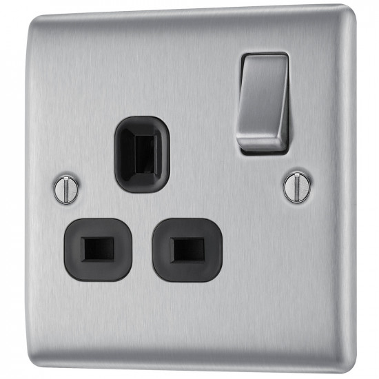 BG Nexus Brushed Steel 1G Switched Socket-Black