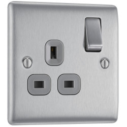 BG Nexus Brushed Steel 1G Switched Socket-Grey