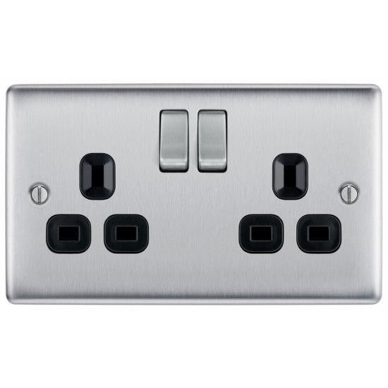 BG Nexus Brushed Steel 2G Switched Socket-Black