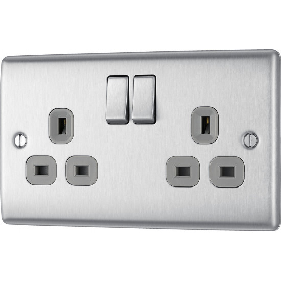 BG Nexus Brushed Steel 2G Switched Socket-Grey