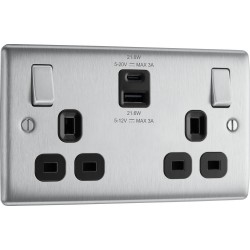 BG Nexus B/Steel 2G Switched Socket USB A & C-Blac