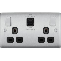 BG Nexus B/Steel 2G Switched Socket USB A & C-Blac