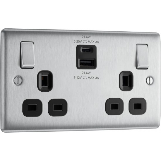 BG Nexus B/Steel 2G Switched Socket USB A & C-Blac BG Nexus B/Steel 2G Switched Socket USB A & C-Blac