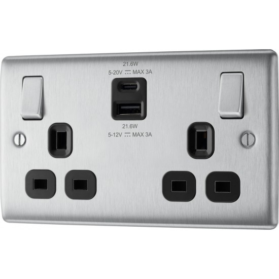 BG Nexus B/Steel 2G Switched Socket USB A & C-Blac BG Nexus B/Steel 2G Switched Socket USB A & C-Blac