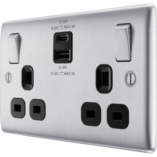 BG Nexus B/Steel 2G Switched Socket USB A & C-Blac