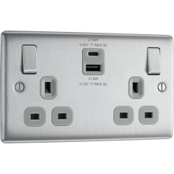 BG Nexus B/Steel 2G Switched Socket USB A & C-Grey