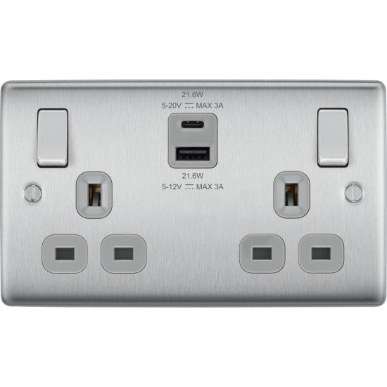 BG Nexus B/Steel 2G Switched Socket USB A & C-Grey
