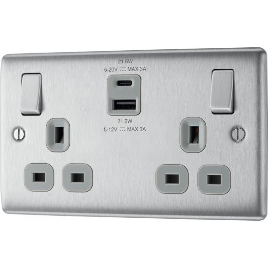 BG Nexus B/Steel 2G Switched Socket USB A & C-Grey