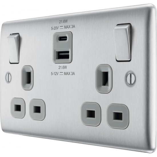 BG Nexus B/Steel 2G Switched Socket USB A & C-Grey