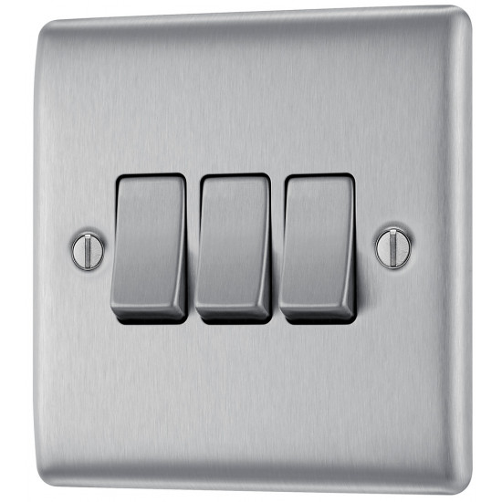 BG Nexus Brushed Steel 3 Gang 2 Way Switch