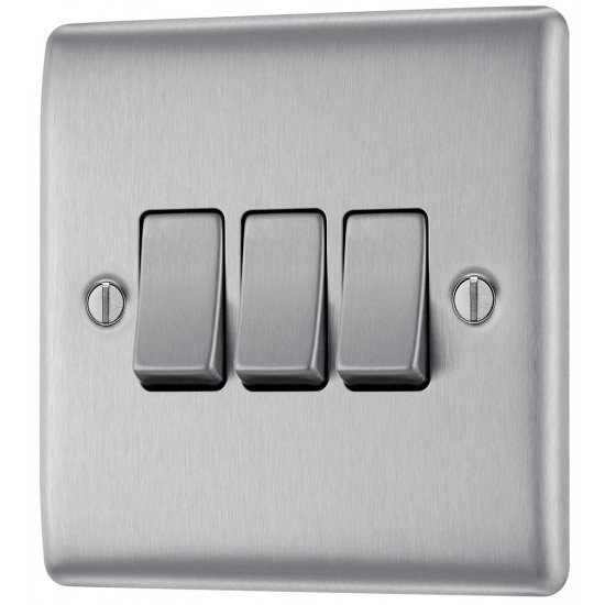 BG Nexus Brushed Steel 3 Gang 2 Way Switch