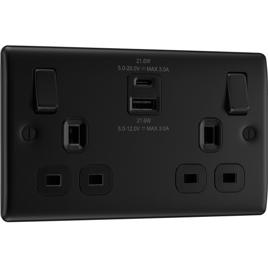 BG Nexus M/Black 2G Switched Socket USB A & C