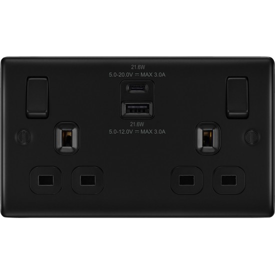 BG Nexus M/Black 2G Switched Socket USB A & C