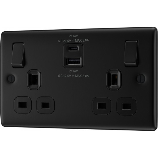 BG Nexus M/Black 2G Switched Socket USB A & C
