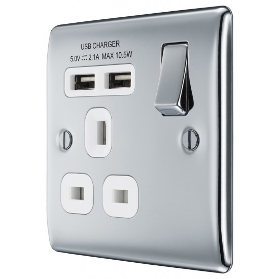 BG Nexus Polished Chrome 1G Switched Socket c/w 2xUSB