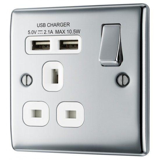 BG Nexus Polished Chrome 1G Switched Socket c/w 2xUSB