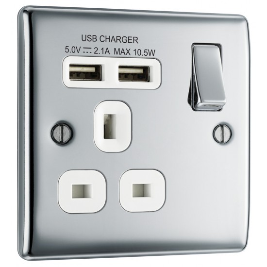 BG Nexus Polished Chrome 1G Switched Socket c/w 2xUSB