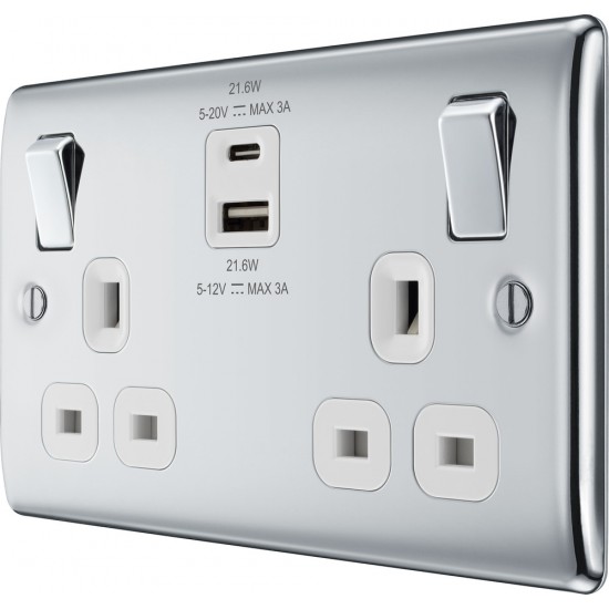 BG Nexus P/Chrome 2G Switched Socket USB A & C